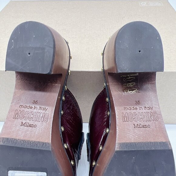 MOSCHINO 70MM Logo Patent Leather Platform Clogs BORDEAUX Red Womens EU 35 $770 - Picture 10 of 11